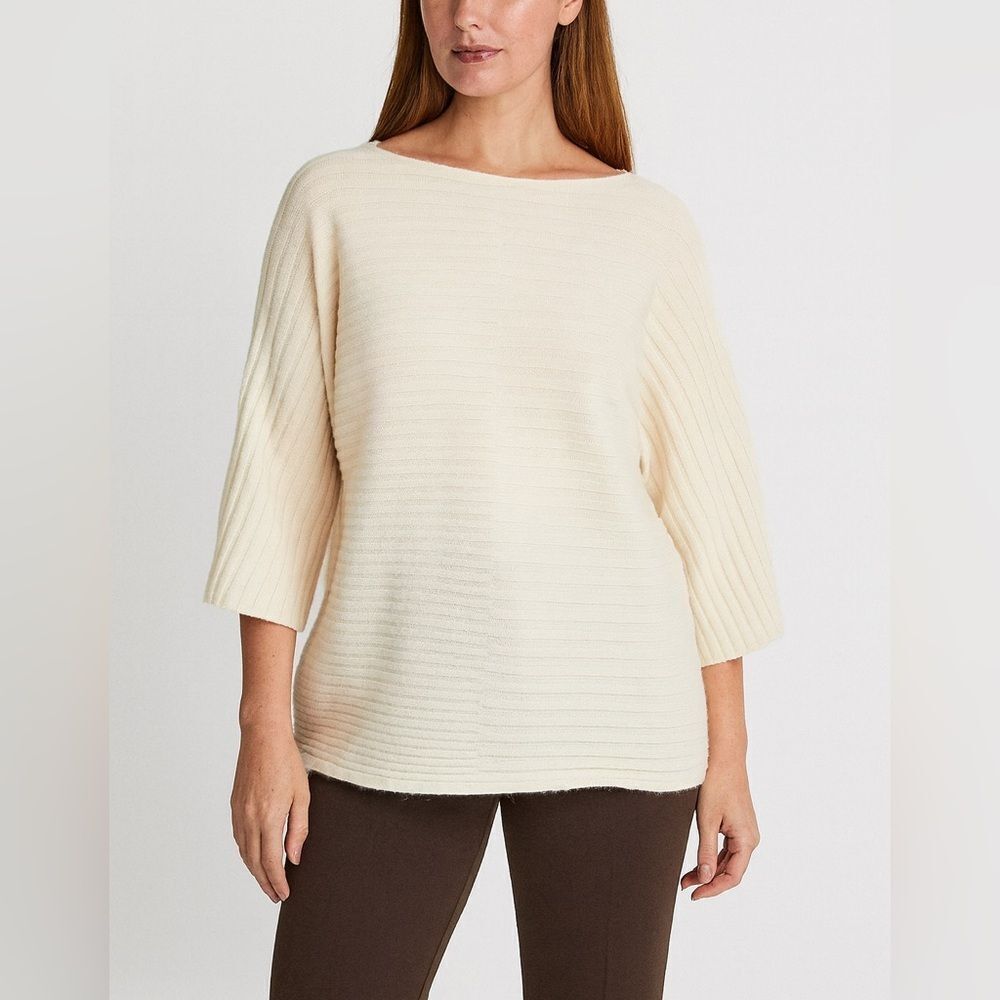 Duffy 100% Cashmere Cream Ribbed Sweater S Soft Luxe Knit Wide Sleeves